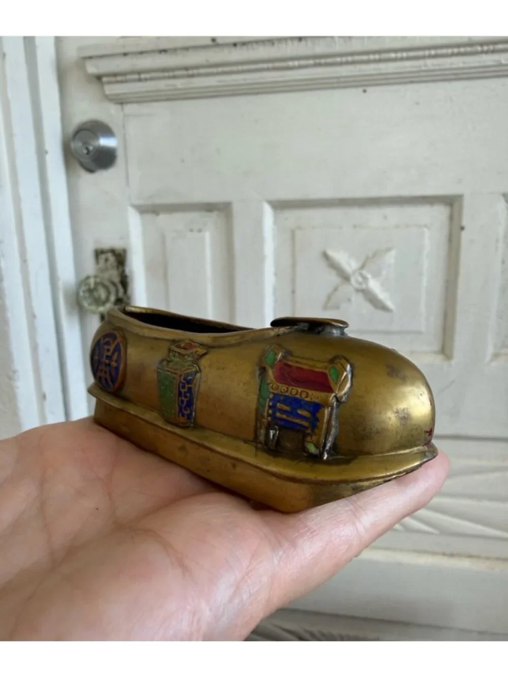 Vintage 1930s Chinese Slipper Shoe AshTray Pottery & brass with enamel